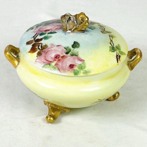 Vtg GDA Limoges France Gold Gilt Footed Porcelain Powder Dresser Jar Trinket Box - Picture 3 of 13